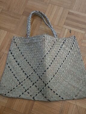 Woven Straw Tote Bag in Natural with Black Accent